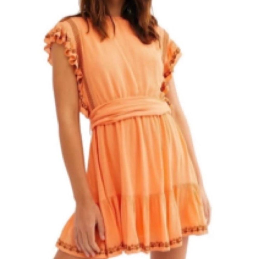 Free People Weekend Brunch Embroidered Coral Flutter Sleeve Mini Dress Medium